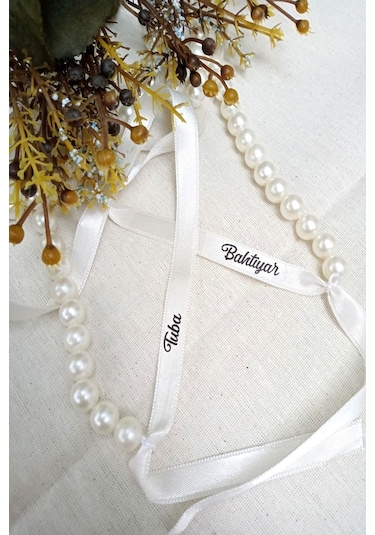 Kişiye Özel Yazılı Beyaz Kurdeleli Krem İncili Söz & Nişan Kurdel