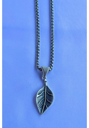 Yapraklı El İşçiliği Paslanmaz Çelik Zincir Erkek Kolye Gümüş