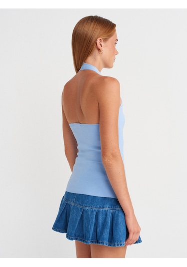 Dilvin 10794 Halter V Yaka Basıc Bluz-mavi Mavi