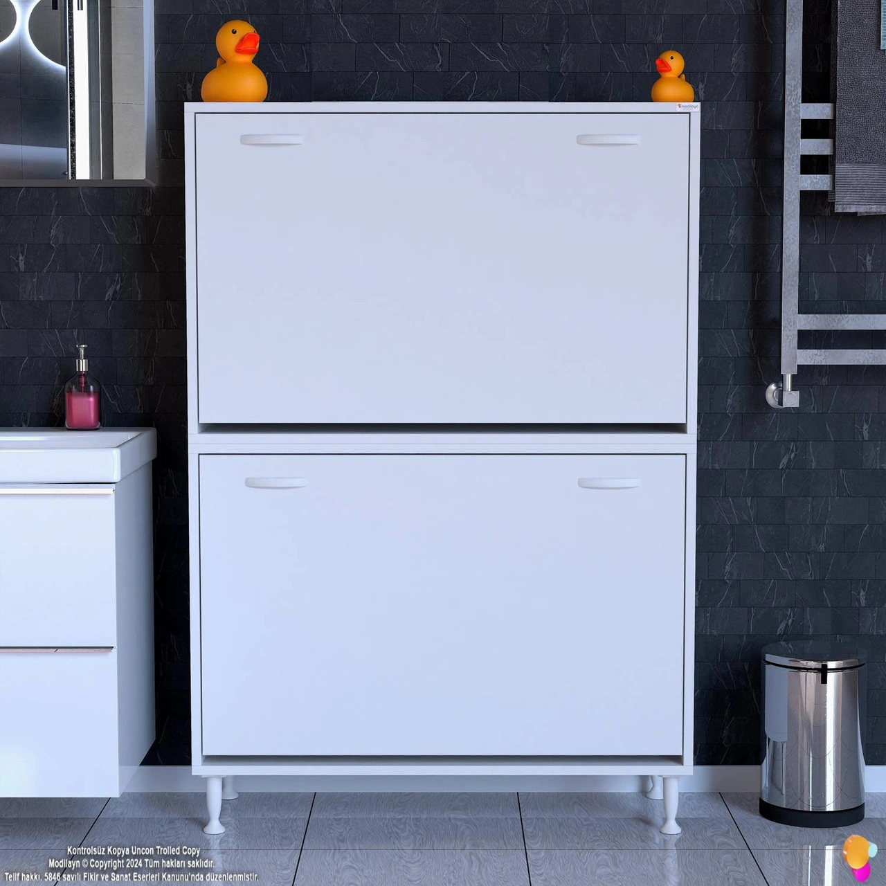 Esil Banyo Kirli Çamaşır Dolabı Banyo Dolabı 6 Bölmeli Saklayıcı Sepetli Dolap 100x138x325 Cm Beyaz