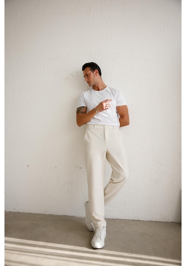 Braccas Erkek Esnek Dokulu Slim Fit Bej Pantolon Bej