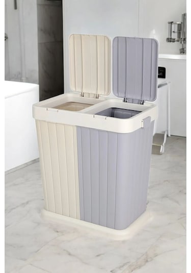 2 Bölmeli Kirli Temiz Çamaşır Sepeti 80 Lt Krem-gri Gri - Krem