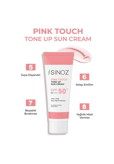 Sinoz SPF50+ Pink Touch Ton Eşitleyici Pembe Yüz Güneş Kremi PA++++ 50 ML