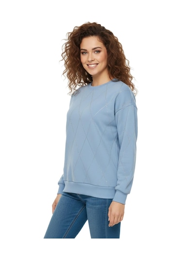 Baglan Kadın Sıfıryaka Sweatshirt Taşlı Bgl-st05060 Mavi