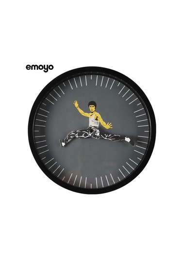 Lemestar Kung Fu Temalı Sessiz Duvar Saati -李小龙 Desenli Ev Dekorasyonu - Siyah Yuvarlak Ev Saatleri Çok Renki