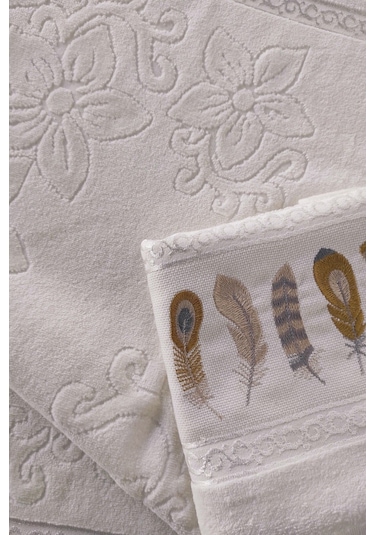 2'li Nakışlı Kadife El Havlusu -jakarlı Tüy İşlemeli Yüz Havlusu - %100 Pamuk Krem Krem