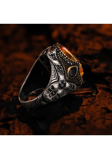 925 Ayar Sitrin Taşlı Ve Damla Zirkon Taşlı Gümüş Erkek Yüzüğü Gümüş