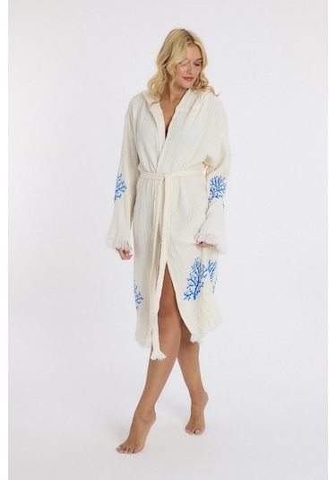 Mulberry Muslin Peştemal Bornoz Banyo Ve Plaj Elbisesi Mavi