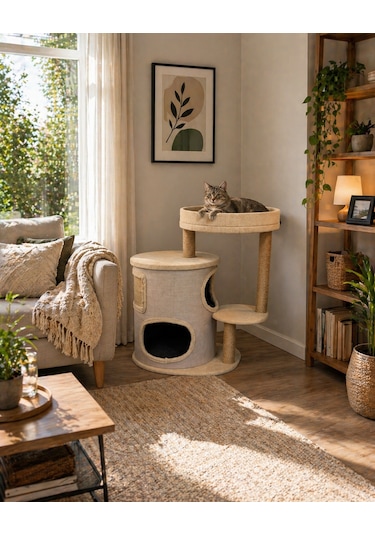Zen Modern Kedi Evi Tırmalama Direkli Konforlu Kedi Yuvası