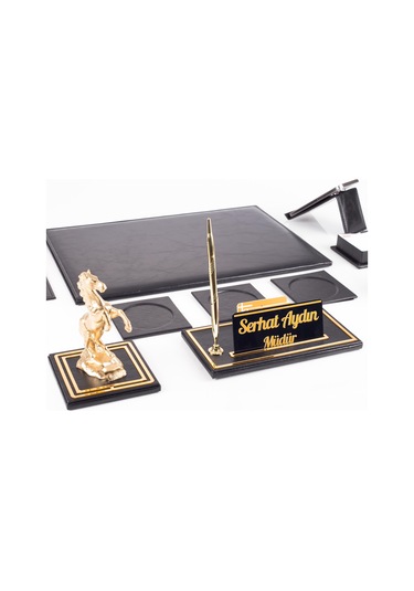 Opta 10 Parça Şahlanan At Biblolu Siyah Deri Sümen Seti Takımı Gold Kalem Ofis Masa İsimliği Lüks İsimlik