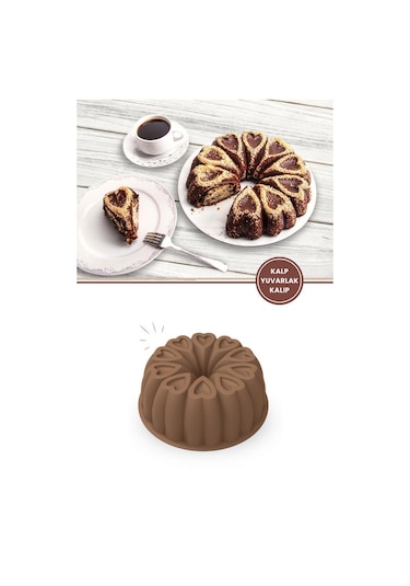 Kalp Desenli Yuvarlak Silikon Kek Kalıbı 23 Cm Kahverengi