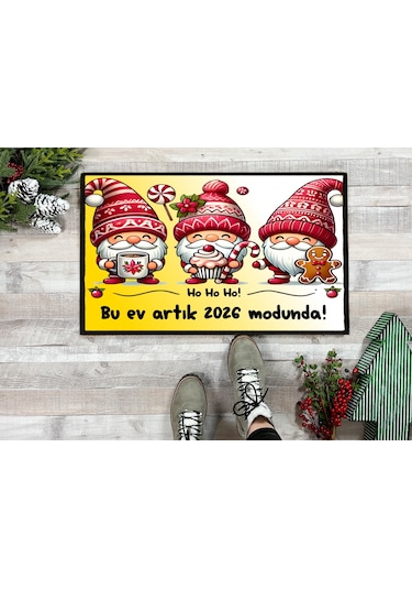 Noel Cüceleri Yılbaşı Tasarımlı Kapı Önü Paspası 60x40 Cm Paspas Çok Renkli