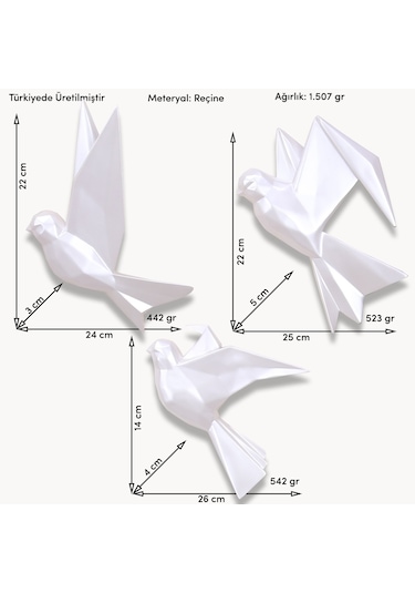 Mouette 3'lü Dekoratif Kuş İnci