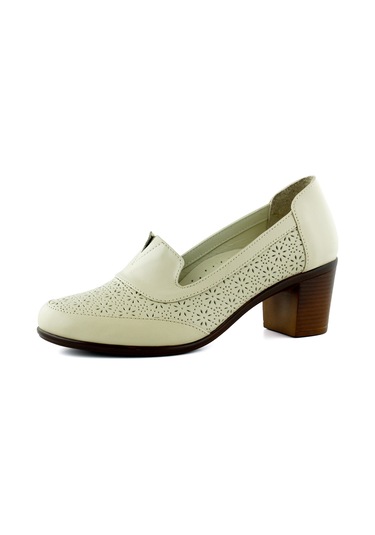 Erkan Saçmacı Madre Bej Hakiki Dana Derisi Vintage Desenli Kalın Topuklu Günlük Klasik Ayakkabı Bej