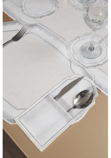 Aslı Keten Nakışlı Amerikan Servis Takımı 19 Parça Silver Gümüş