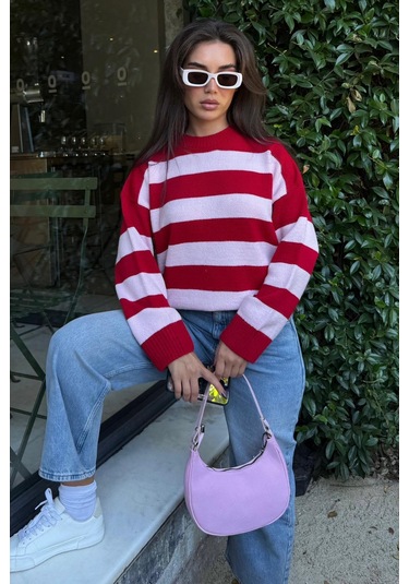 Pudra Bisiklet Yaka Çizgili Oversize Triko Kazak Mg1972 Pudra
