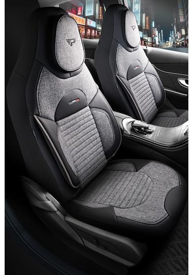 Gri - Siyah Panda Enzo Serisi Keten Kumaş Oto Koltuk Kılıfı - Tam Set