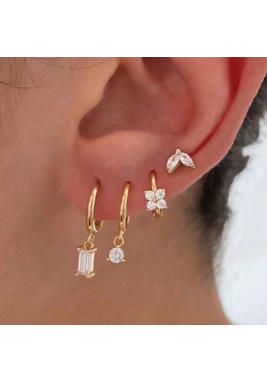 Geeksen 14k Altın Kaplama Zirkonyalı Kadın Küpe Seti - Çeşitli Stiller Daire Ve Taca 3 Çift Paketi Gold