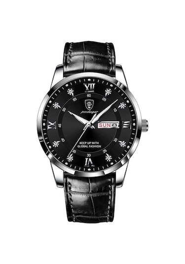 Poedagar 836 Aydınlık Çift Takvim Erkek Saati Gümüş Kabuklu Siyah Deri Kemer