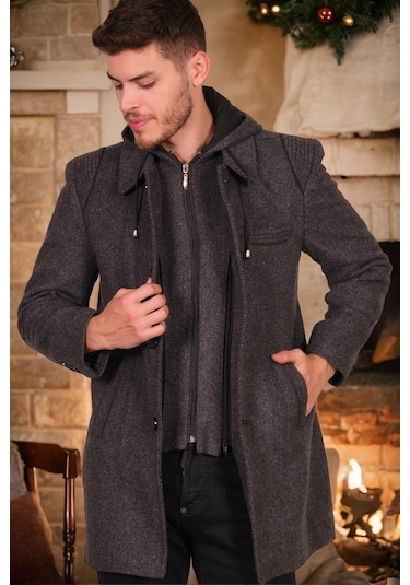 Plt8335 Dewberry Erkek Palto-Diagonal Antrasit-Siyah-Diagonal Antrasit-Siyah Antrasit - Siyah