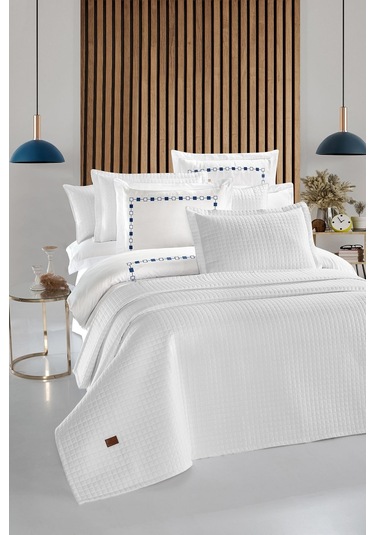 Elegante %100 Pamuk Saten Yatak Örtüsü Seti Beyaz Bej