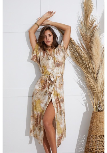 Sevim Kadın Kısa Kol Uzun Bej Kimono C9t5n651 001