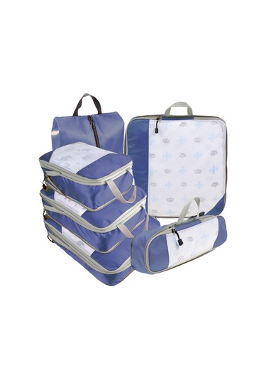 Symbee Mavi Seyahat Organizer Seti 6'lı, Sıkıştırılabilir Ağ Desenli, Ev Ve Seyahat İçin El Çantası Tipi Depolama Çantaları Mavi