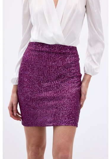 Sateen Payetli Mini Etek - Mürdüm-136651 Mürdüm