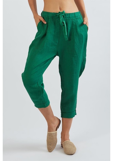 Bohem Stil Kadın Keten Havuç Pantolon-8603 Yeşil
