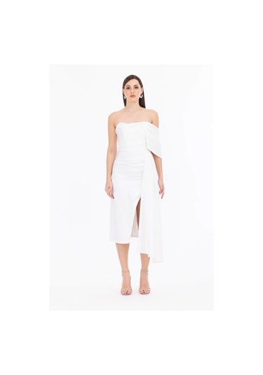 Kadın Asimetrik Yaka Midi Boy Şifon Dokuma Abiye Elbise - Beyaz Beyaz