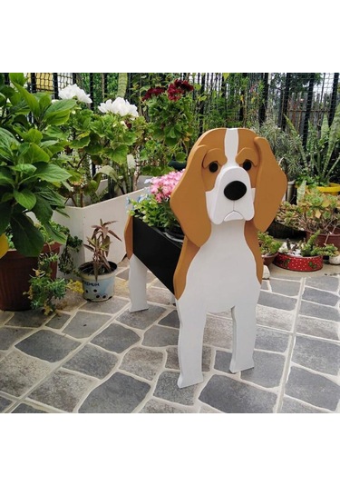Neevoyu Ahşap Köpek Figürlü Saksı, Ev Bahçe Dekorasyonu, İç Ve Dış Mekan Kullanıma Uygun, El Yapımı, Dayanıklı, Mignon Beagle Desenli S Boyutu