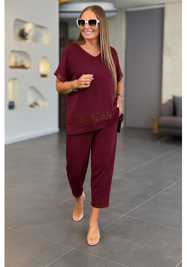 Soonaksesuar Kadın Kısa Kollu V Yakalı Pul Payetli Viskon Iki Iplik Bluz Ve Pantolon Ikili Takım Bordo