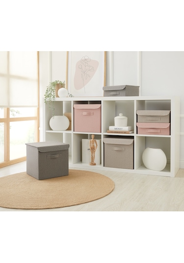 Ocean Home Textile Çekmece İçi Bej Renk Dokulu Kumaş Kapaklı Kutu 30 x 23 x 11 cm