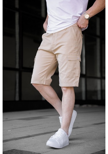 Bej Renk Kargo Cepli Gabardin Erkek Şort-1802 Bej