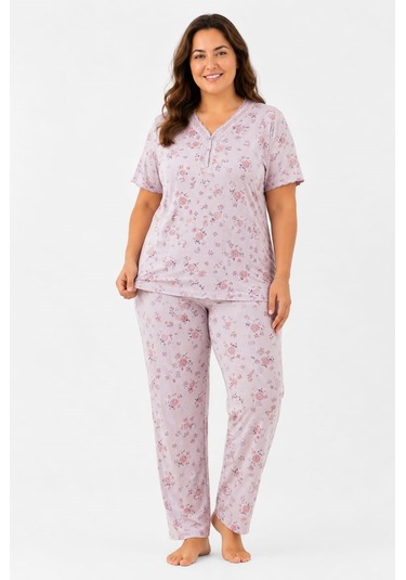 Pemilo Kadın 7930 Büyük Beden Kısa Kol Bambu Pijama Takımı Lila