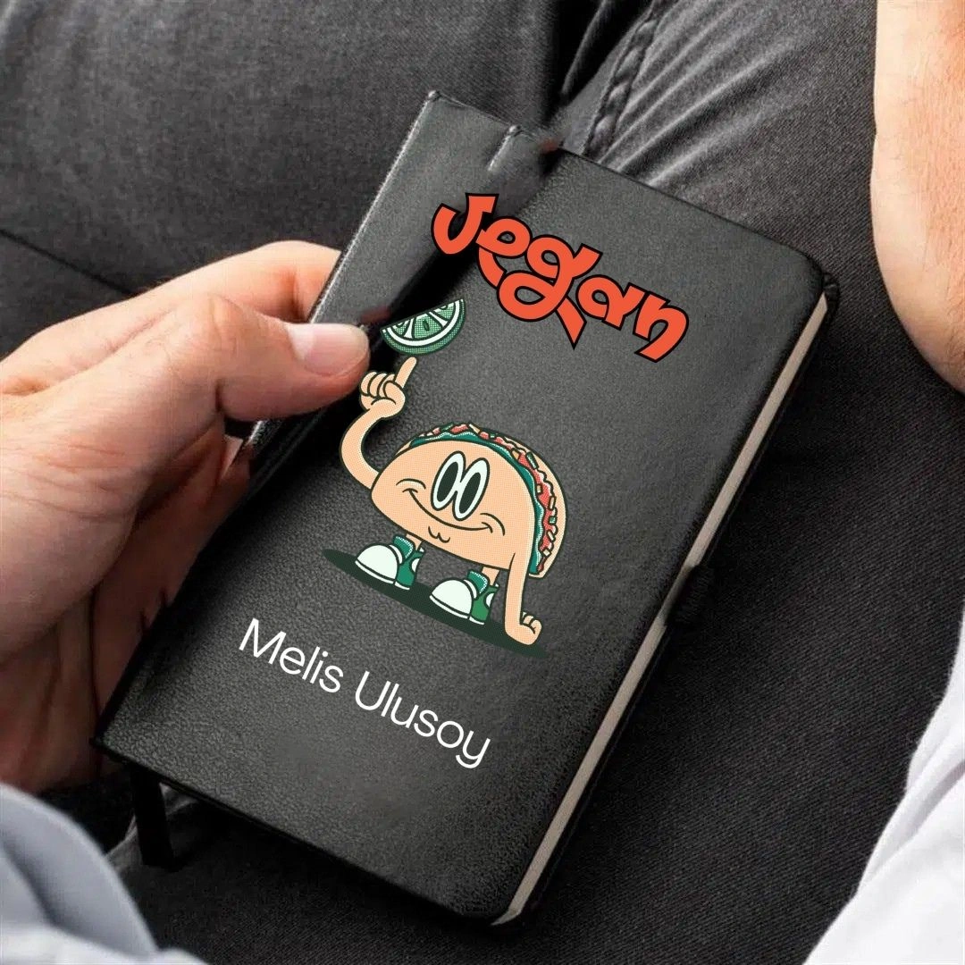 Kişiye Özel Vegan Temalı Deri Kapaklı Not Defteri İsme Özel Tasarım Siyah