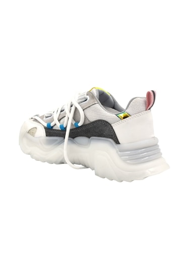 Beyaz London Asimetrik Bağcıklı Şeffaf Kalın Taban Kadın Spor Ayakkabı Beyaz Beyaz