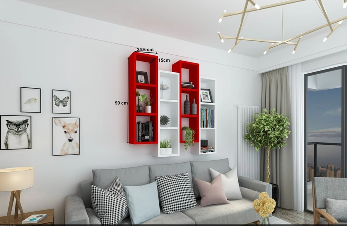Kitaplık Modern Ev Duvar Rafı Kırmızı Beyaz 4 Lü Takım Kırmızı-beyaz
