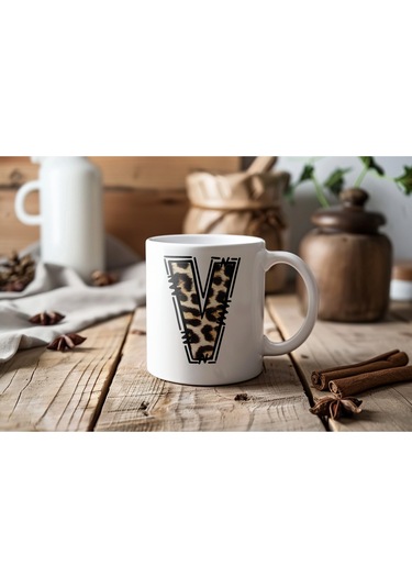 V Baş Harf Leopar Desenli Kupa Bardak - Kişiye Özel Feminen Konsept Hediye - Vahşi Hayvan Desenli Beyaz