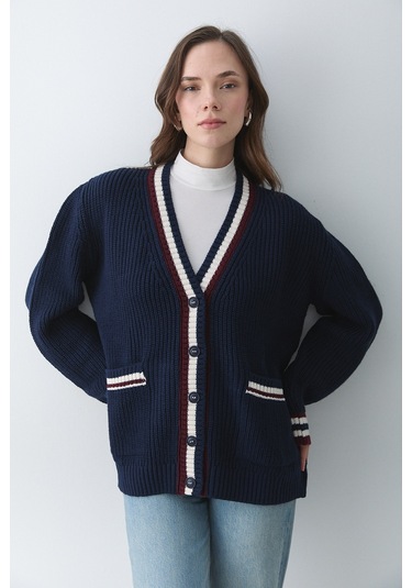 Lacivert - Bordo Renkli Cepli Hırka - 241143 Lacivert