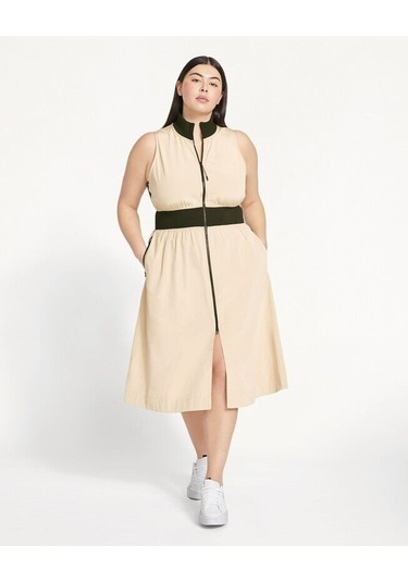 Kadın Dik Yaka Önü Fermuarlı Yırtmaçlı Baharlık Yazlık Beli Lastikli Şık Ceket Elbise Bej