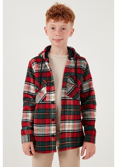 Lela Ekoseli Kapüşonlu Cepli Kışlık Oduncu Erkek Çocuk Gömlek Cf24W81779 Kırmızı-Yeşil