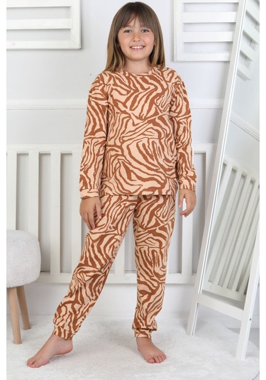 Kaplan Desenli Kız Çocuk Pijama Takımı Kahverengi
