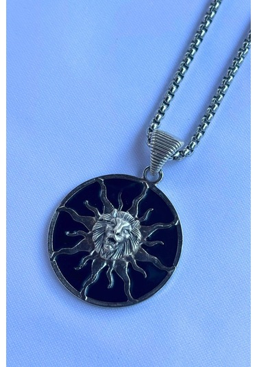 Aslanlı Güneş Tanrısı El İşçiliği Paslanmaz Çelik Zincir Erkek Kolye Gümüş