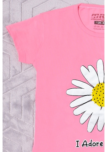 Hçm Kız Çocuk Tshirt Papatya Baskılı Bisiklet Yaka D26 Pembe