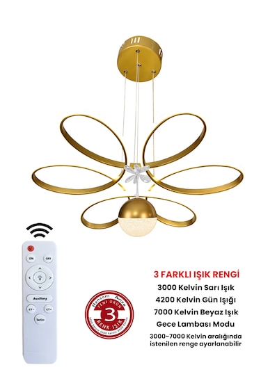 Ransom 3 Renk Toplu Kelebekli Kumandalı Papatya Salon Led Avize Mat Gold