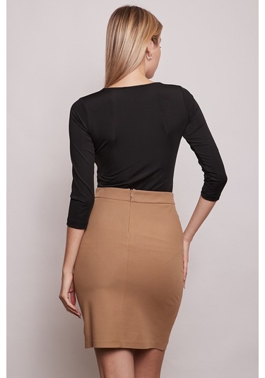 Yüksek Bel Diz Üstü Şık Kumaş Kalem Etek-Camel