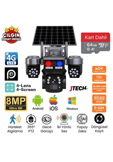 Jtech J7plus 4kamera 8mp Hd Aov Esim 4g Solar Ptz Akıllı Kamera + 64gb Sd Kart Dahil