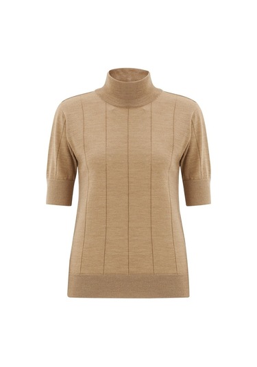 Peraluna Balıkçı Yaka Kısa Kollu Basic Kadın Triko Bluz Camel-Camel