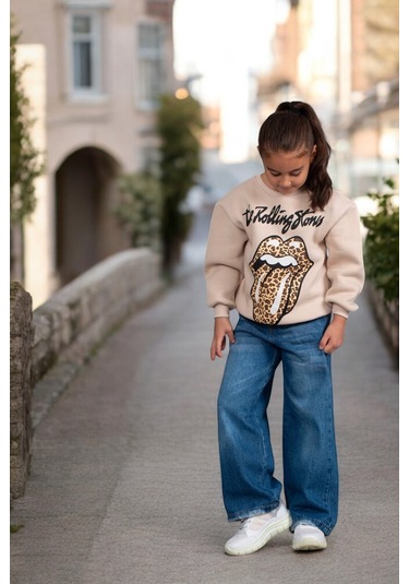Kız Çocuk Yeni Sezon Leopar Desen Açık Kahve - Bej Renk Rolling Sweatshirt Krem